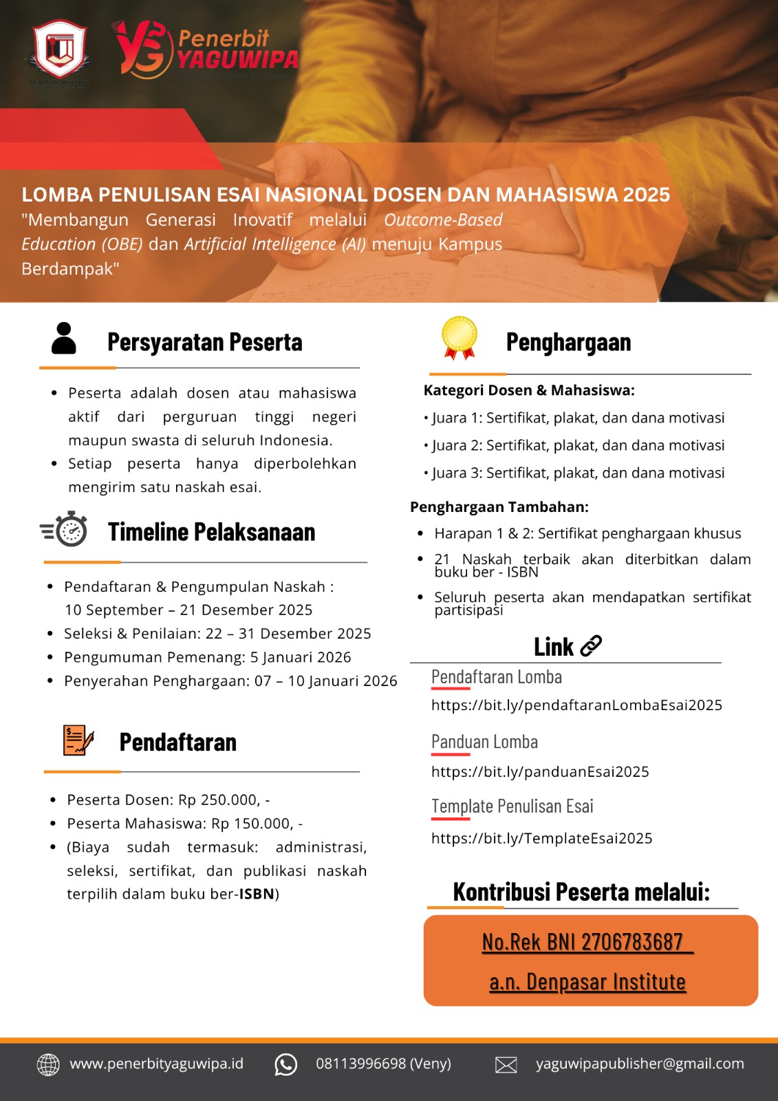 ✨ LOMBA PENULISAN ESAI NASIONAL DOSEN DAN MAHASISWA 2025 Tema: “Membangun Generasi Inovatif melalui Outcome-Based Education (OBE) dan Artificial Intelligence (AI) menuju Kampus Berdampak.”