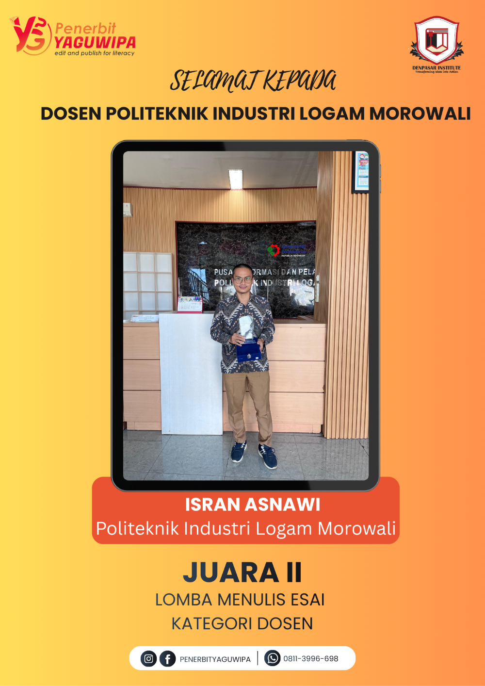 Dosen Politeknik Industri Logam Morowali Raih Juara 2 Lomba Esai Nasional Penerbit Yaguwipa