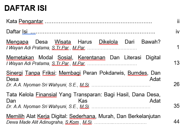 Panduan Reflektif: Tata Kelola Desa Wisata Berbasis Komunitas & Teknologi di Bali daftar isi