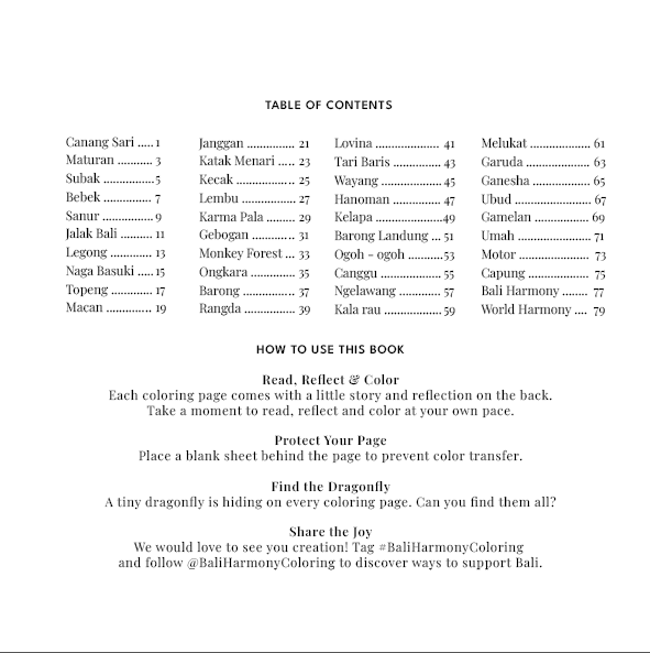 Bali Harmony: Easy Coloring Book for All Ages daftar isi